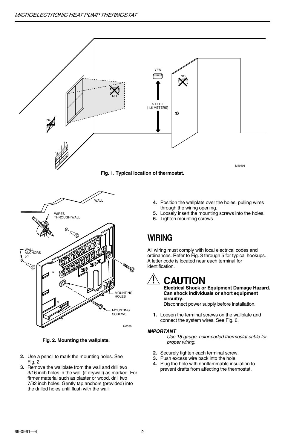 Caution, Wiring, Microelectronic heat pump thermostat | Honeywell T8511G User Manual | Page 2 / 12
