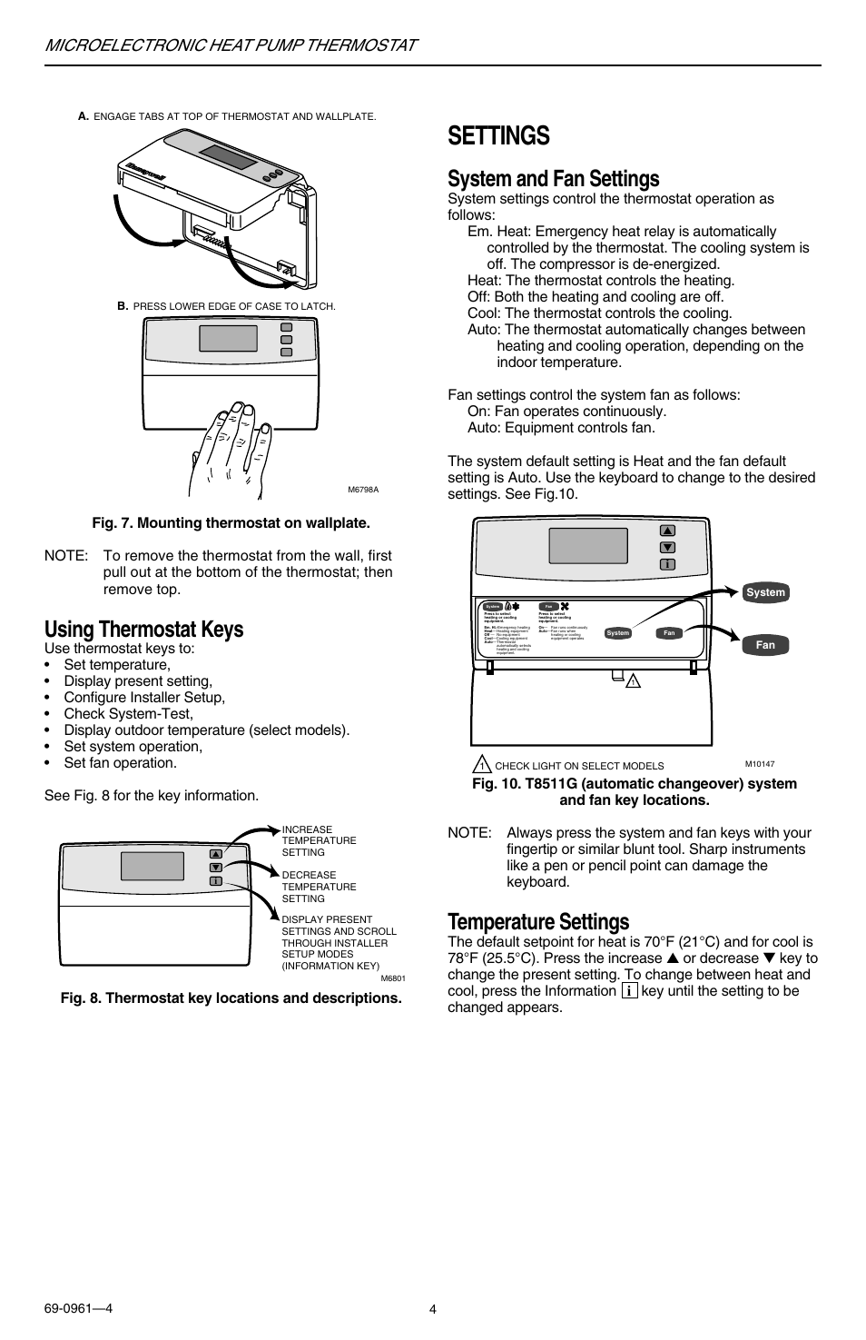 Settings, Temperature settings, Using thermostat keys | System and fan settings, Microelectronic heat pump thermostat | Honeywell T8511G User Manual | Page 4 / 12