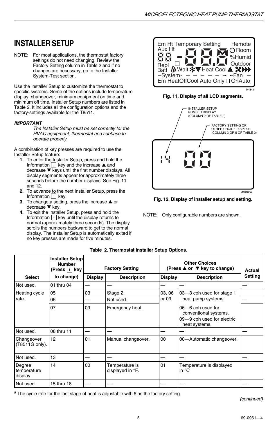 Installer setup | Honeywell T8511G User Manual | Page 5 / 12