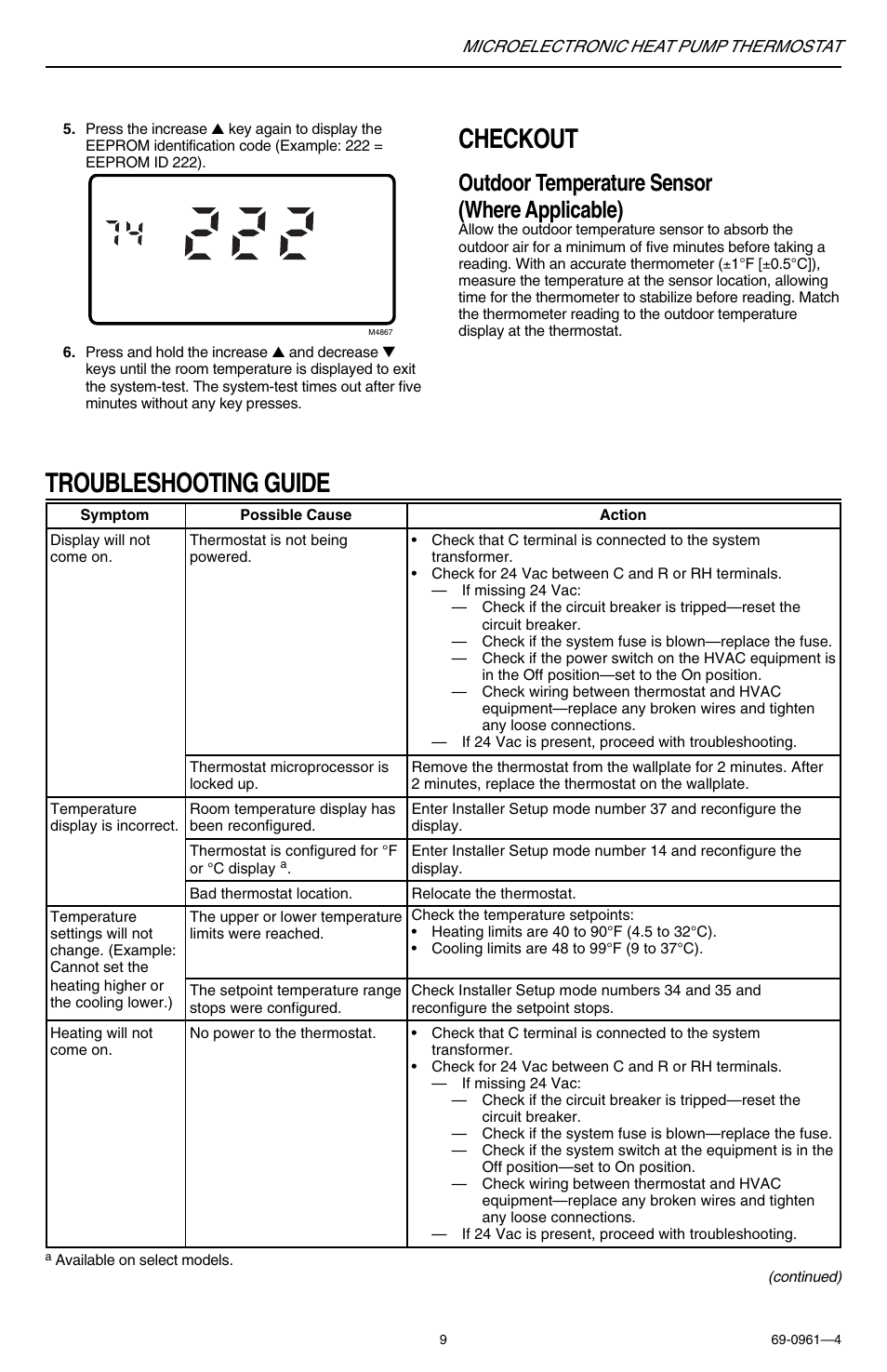 Checkout, Troubleshooting guide, Outdoor temperature sensor (where applicable) | Honeywell T8511G User Manual | Page 9 / 12