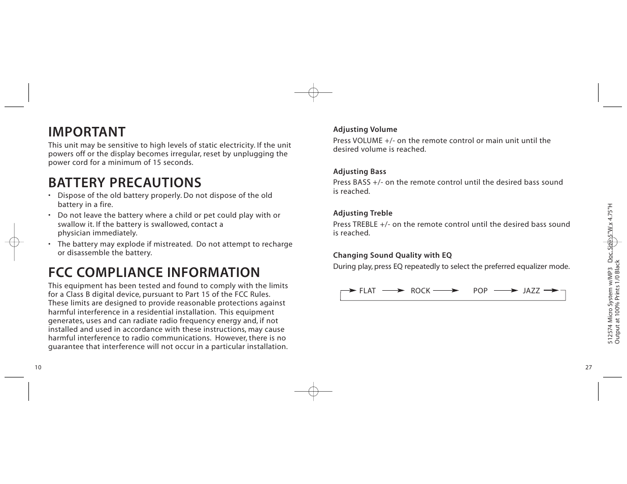 Important, Battery precautions, Fcc compliance information | Unwind micro cd system User Manual | Page 10 / 18