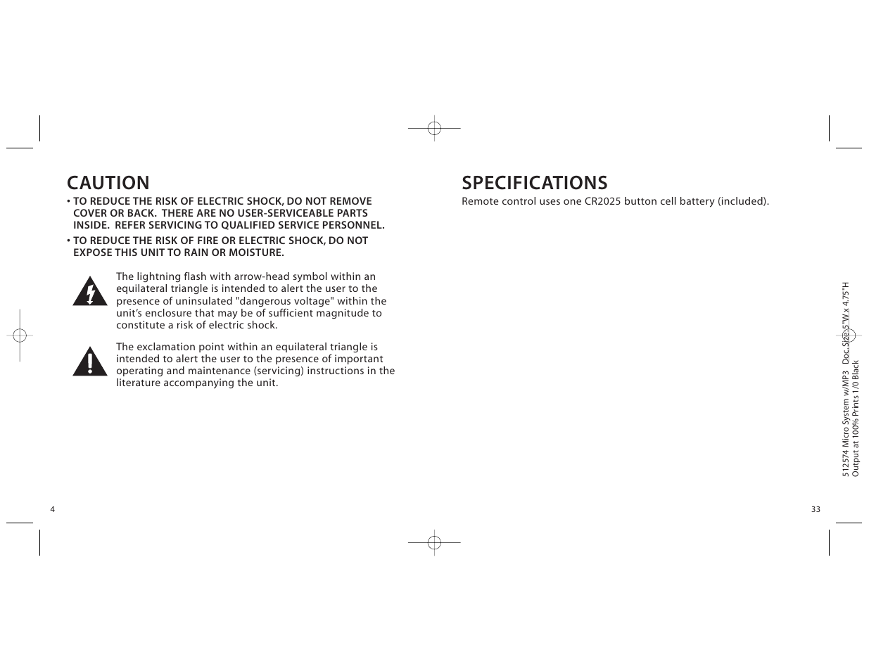 Specifications, Caution | Unwind micro cd system User Manual | Page 4 / 18