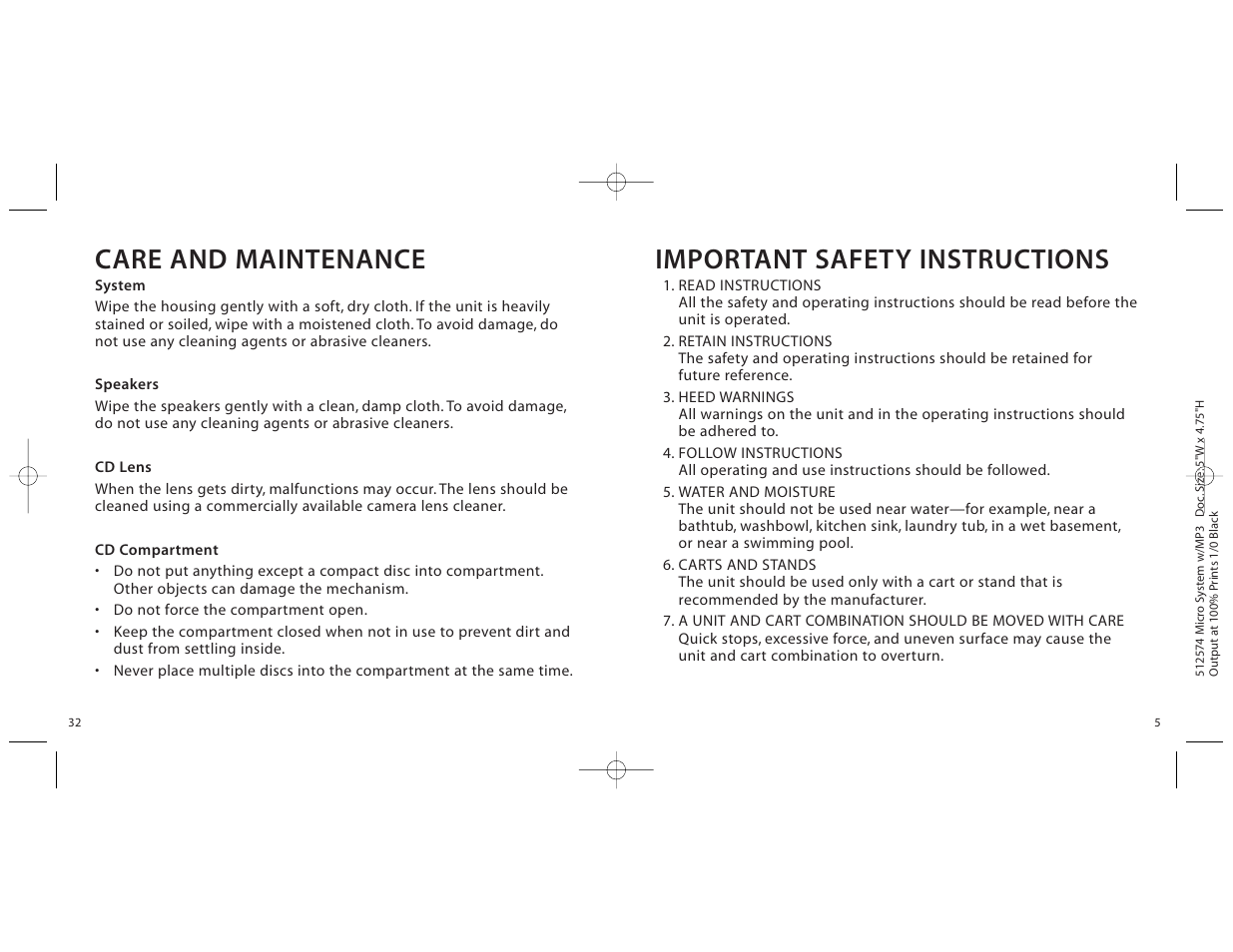Care and maintenance, Important safety instructions | Unwind micro cd system User Manual | Page 5 / 18