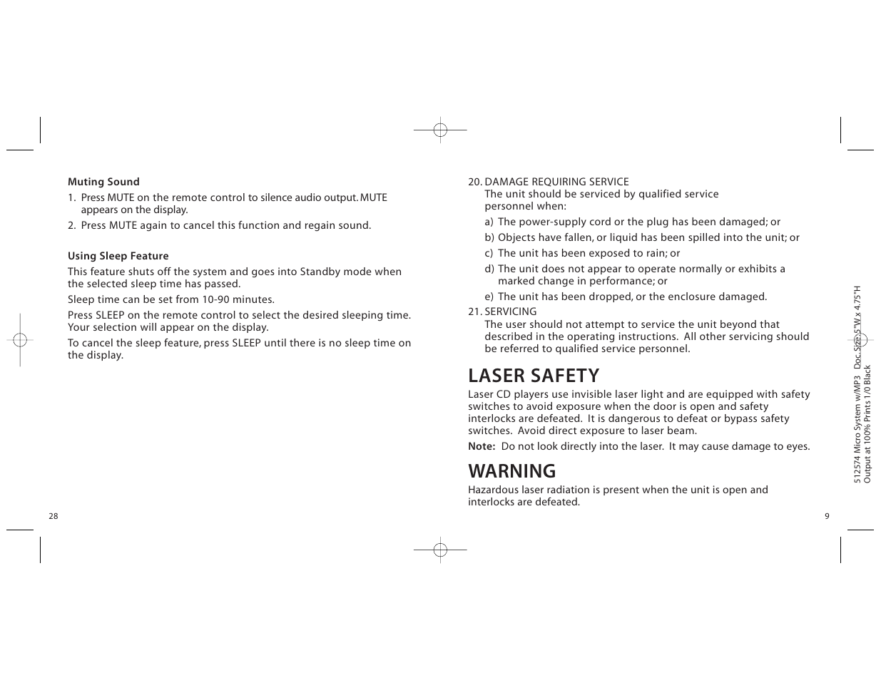 Laser safety, Warning | Unwind micro cd system User Manual | Page 9 / 18