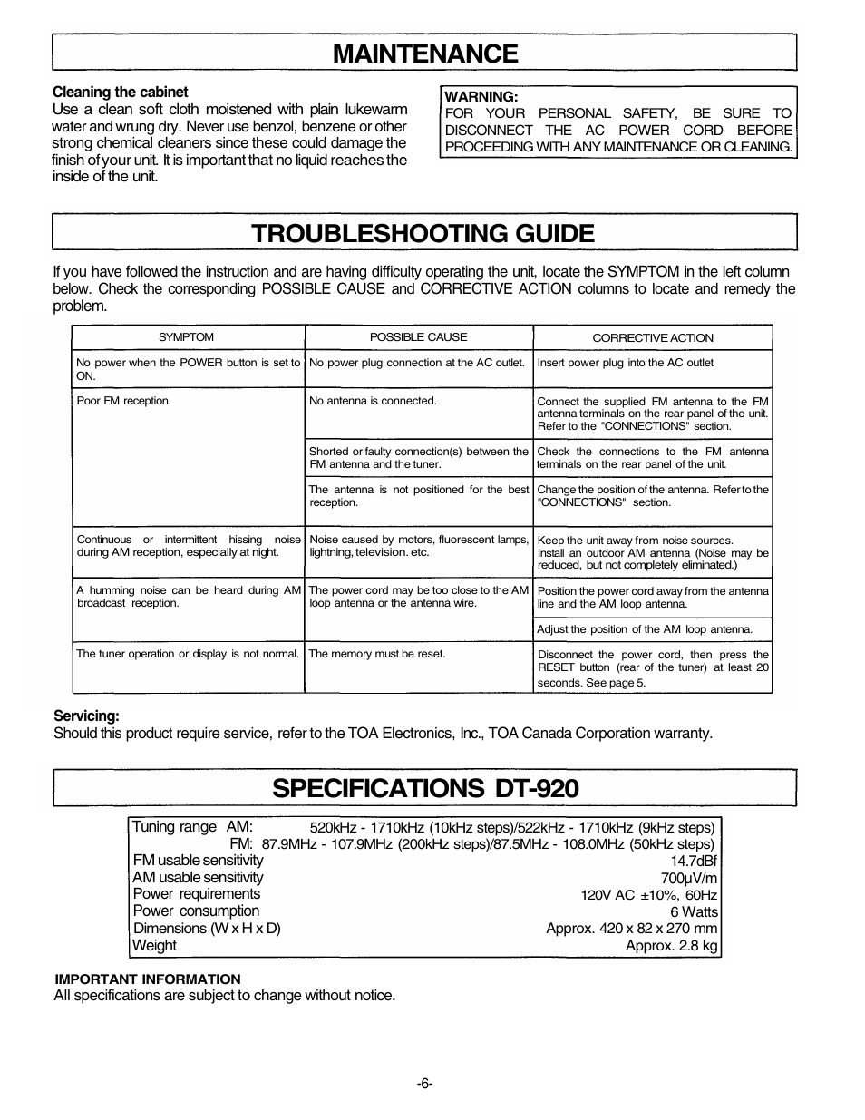 Maintenance, Specifications dt-920, Troubleshooting guide | Unwind DT-920 User Manual | Page 7 / 8
