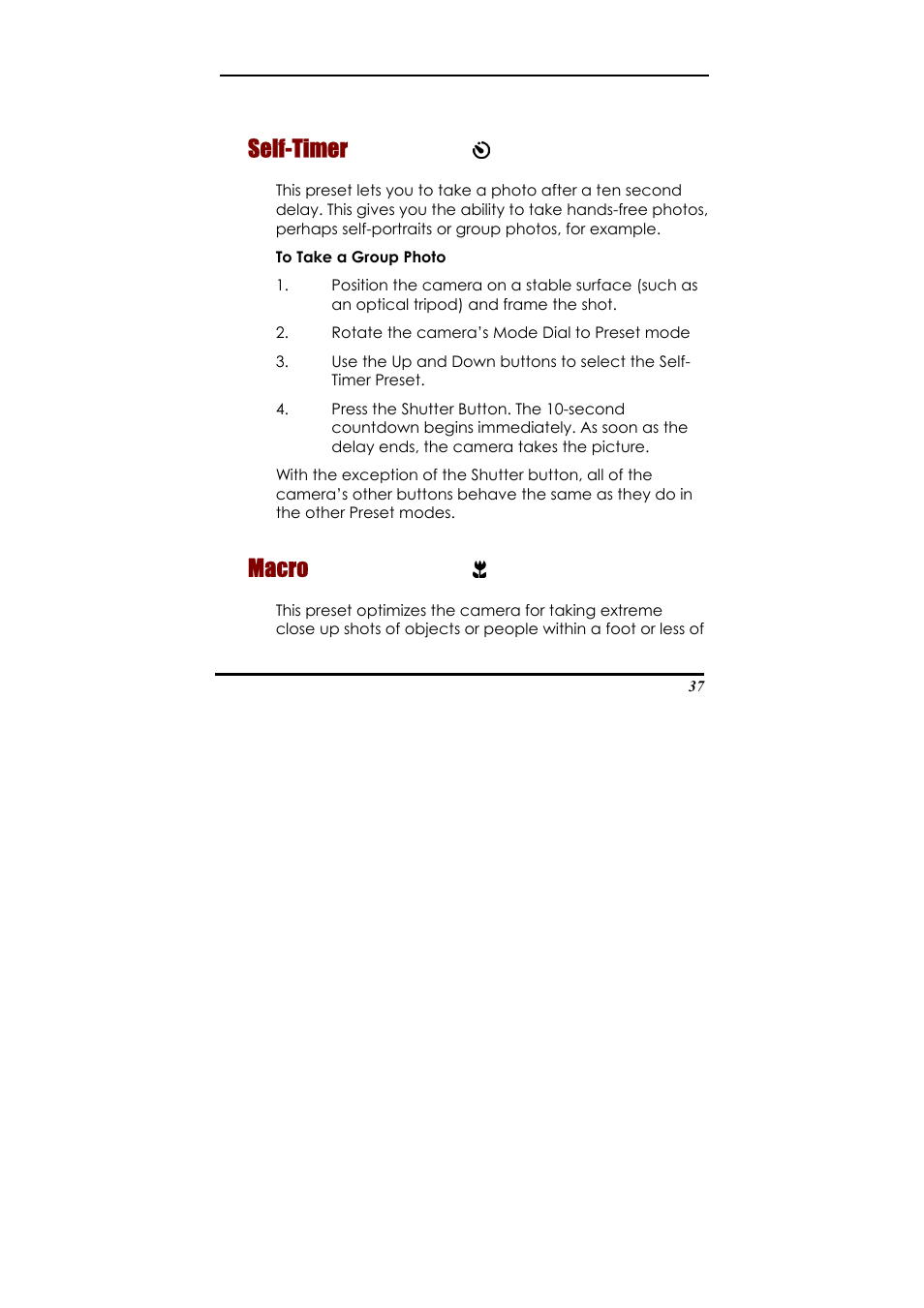 Self-timer, Macro | Ulead 020810 User Manual | Page 42 / 56