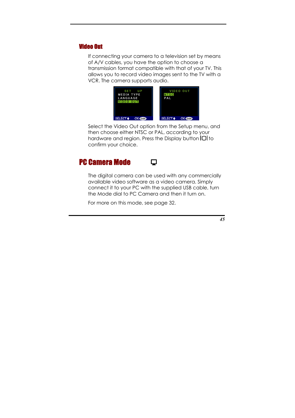 Video out, Pc camera mode | Ulead 020810 User Manual | Page 50 / 56