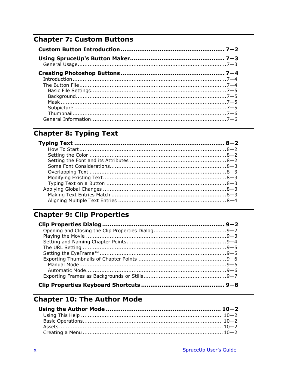 Chapter 7: custom buttons, Chapter 8: typing text, Chapter 9: clip properties | Chapter 10: the author mode | Ulead 1.0 User Manual | Page 10 / 205