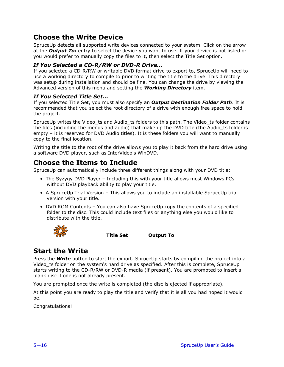 Choose the write device, If you selected a cd-r/rw or dvd-r drive, If you selected title set | Choose the items to include, Start the write | Ulead 1.0 User Manual | Page 108 / 205