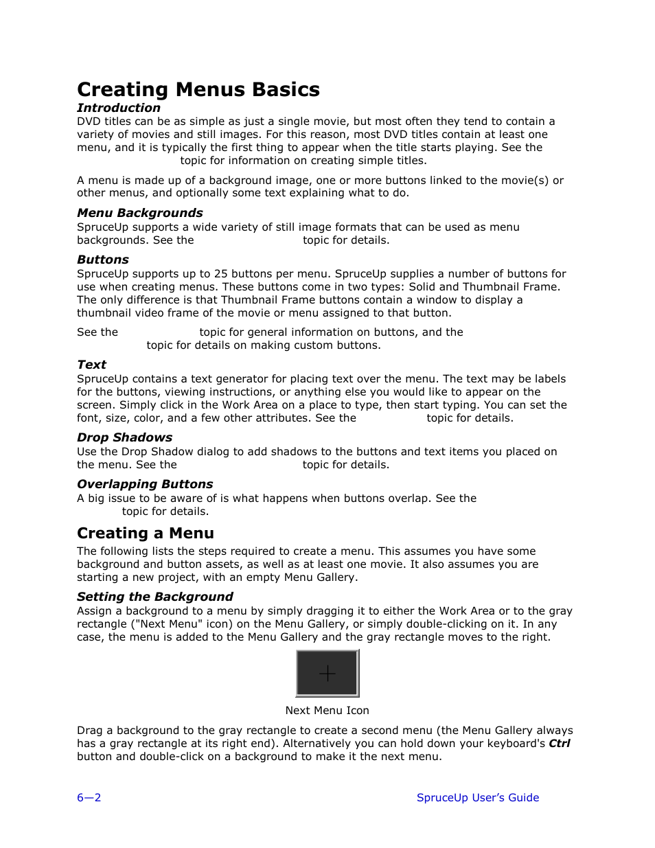 Creating menus basics, Introduction, Menu backgrounds | Buttons, Text, Drop shadows, Overlapping buttons, Creating a menu, Setting the background | Ulead 1.0 User Manual | Page 110 / 205