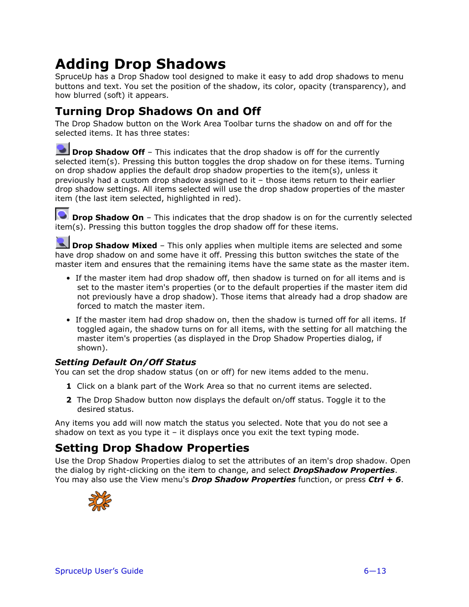 Adding drop shadows, Turning drop shadows on and off, Setting default on/off status | Setting drop shadow properties | Ulead 1.0 User Manual | Page 121 / 205