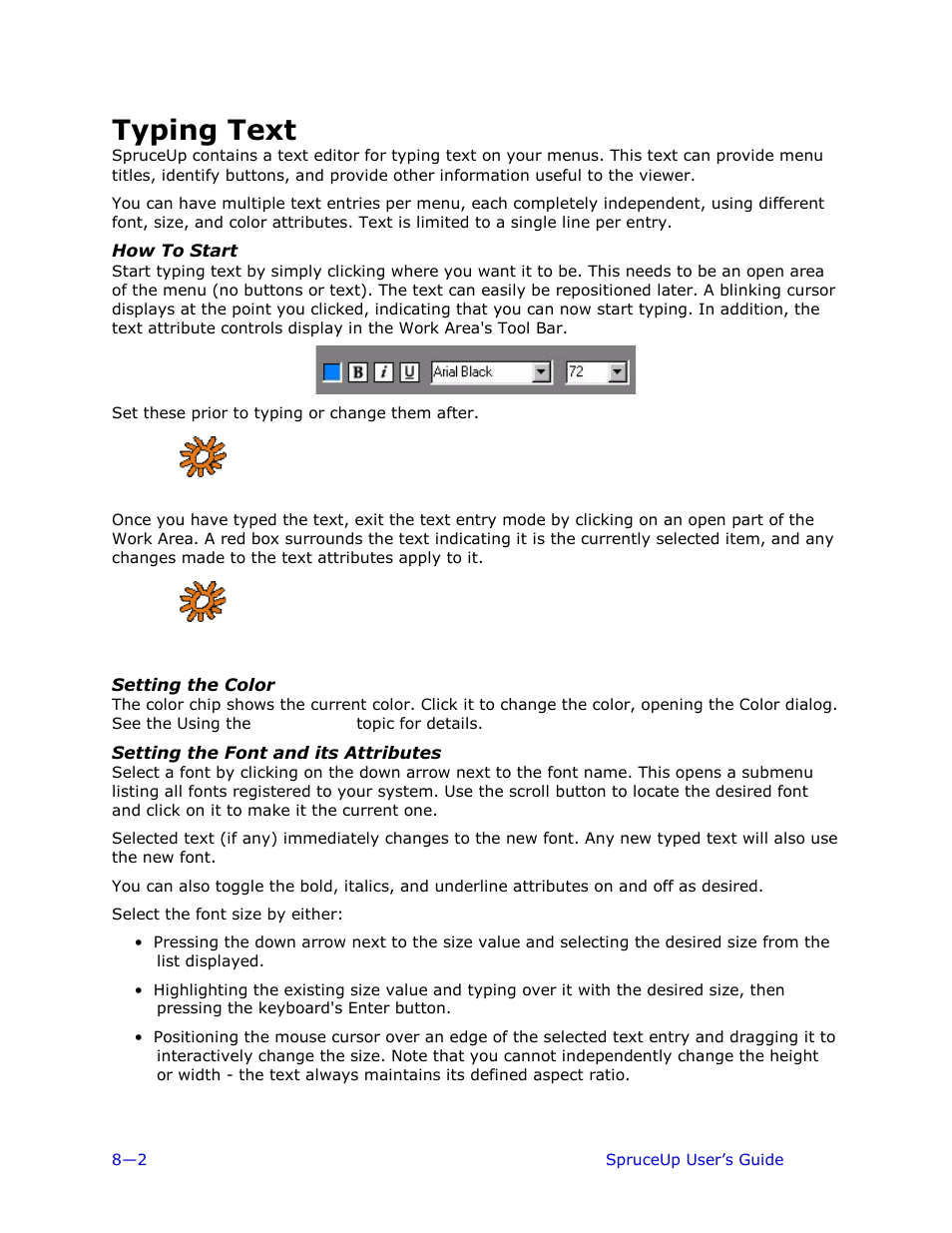 Typing text, How to start, Setting the color | Setting the font and its attributes | Ulead 1.0 User Manual | Page 134 / 205