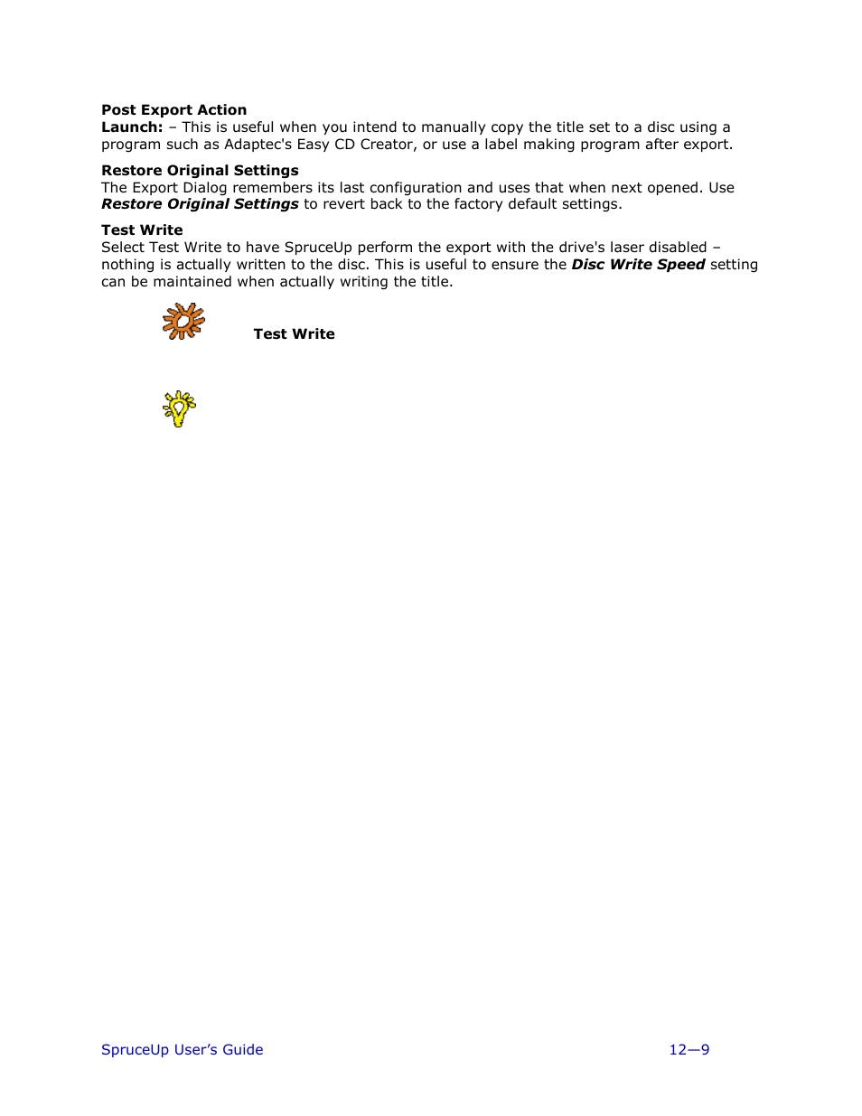 Post export action, Restore original settings, Test write | Ulead 1.0 User Manual | Page 159 / 205