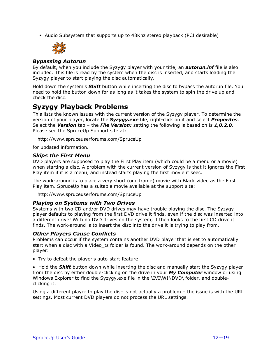 Bypassing autorun, Syzygy playback problems, Skips the first menu | Playing on systems with two drives, Other players cause conflicts | Ulead 1.0 User Manual | Page 169 / 205