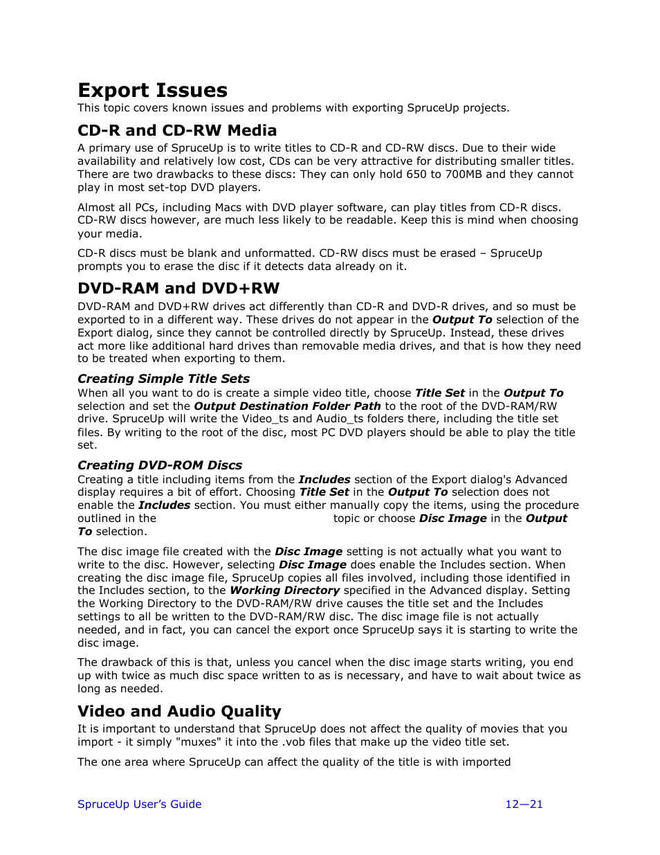 Export issues, Cd-r and cd-rw media, Dvd-ram and dvd+rw | Creating simple title sets, Creating dvd-rom discs, Video and audio quality | Ulead 1.0 User Manual | Page 171 / 205