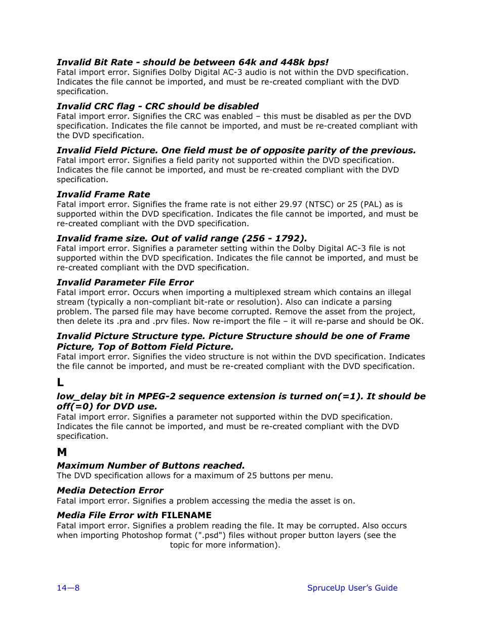 Invalid crc flag - crc should be disabled, Invalid frame rate, Invalid parameter file error | Maximum number of buttons reached, Media detection error, Media file error with filename | Ulead 1.0 User Manual | Page 186 / 205