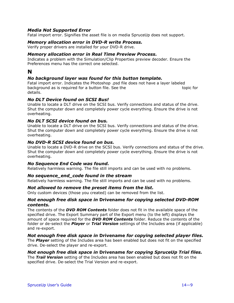 Media not supported error, Memory allocation error in dvd-r write process, No dlt device found on scsi bus | No dlt scsi device found on bus, No dvd-r scsi device found on bus, No sequence end code was found, No sequence_end_code found in the stream | Ulead 1.0 User Manual | Page 187 / 205