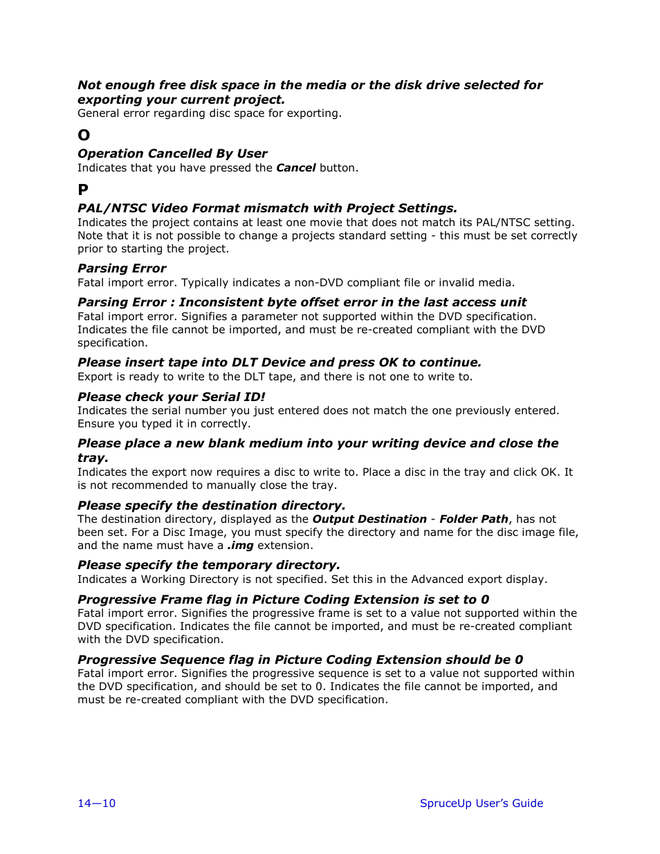 Operation cancelled by user, Parsing error, Please check your serial id | Please specify the destination directory, Please specify the temporary directory | Ulead 1.0 User Manual | Page 188 / 205