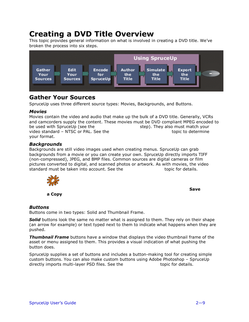 Creating a dvd title overview, Gather your sources, Movies | Backgrounds, Buttons | Ulead 1.0 User Manual | Page 31 / 205