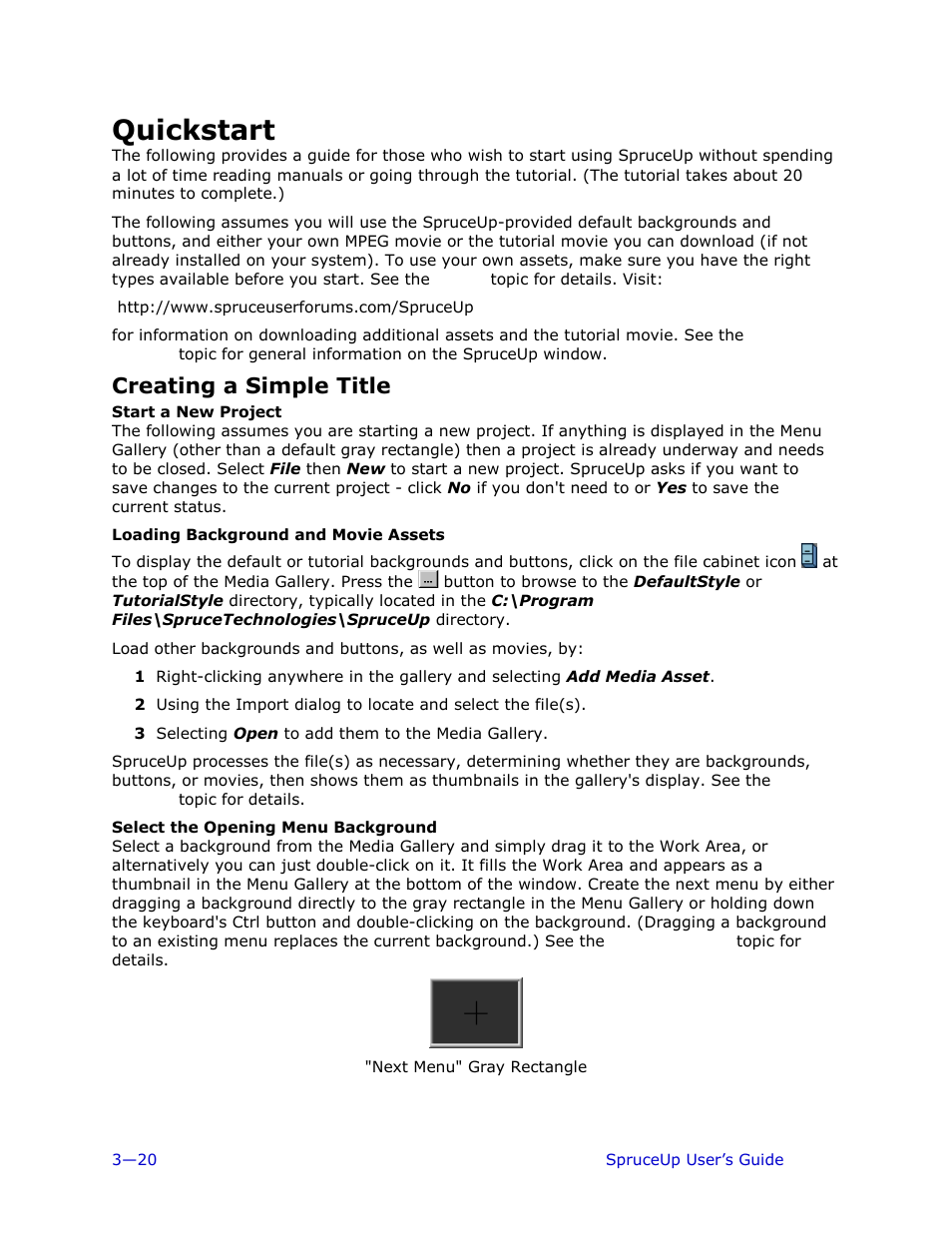 Quickstart, Creating a simple title, Start a new project | Loading background and movie assets, Select the opening menu background | Ulead 1.0 User Manual | Page 60 / 205