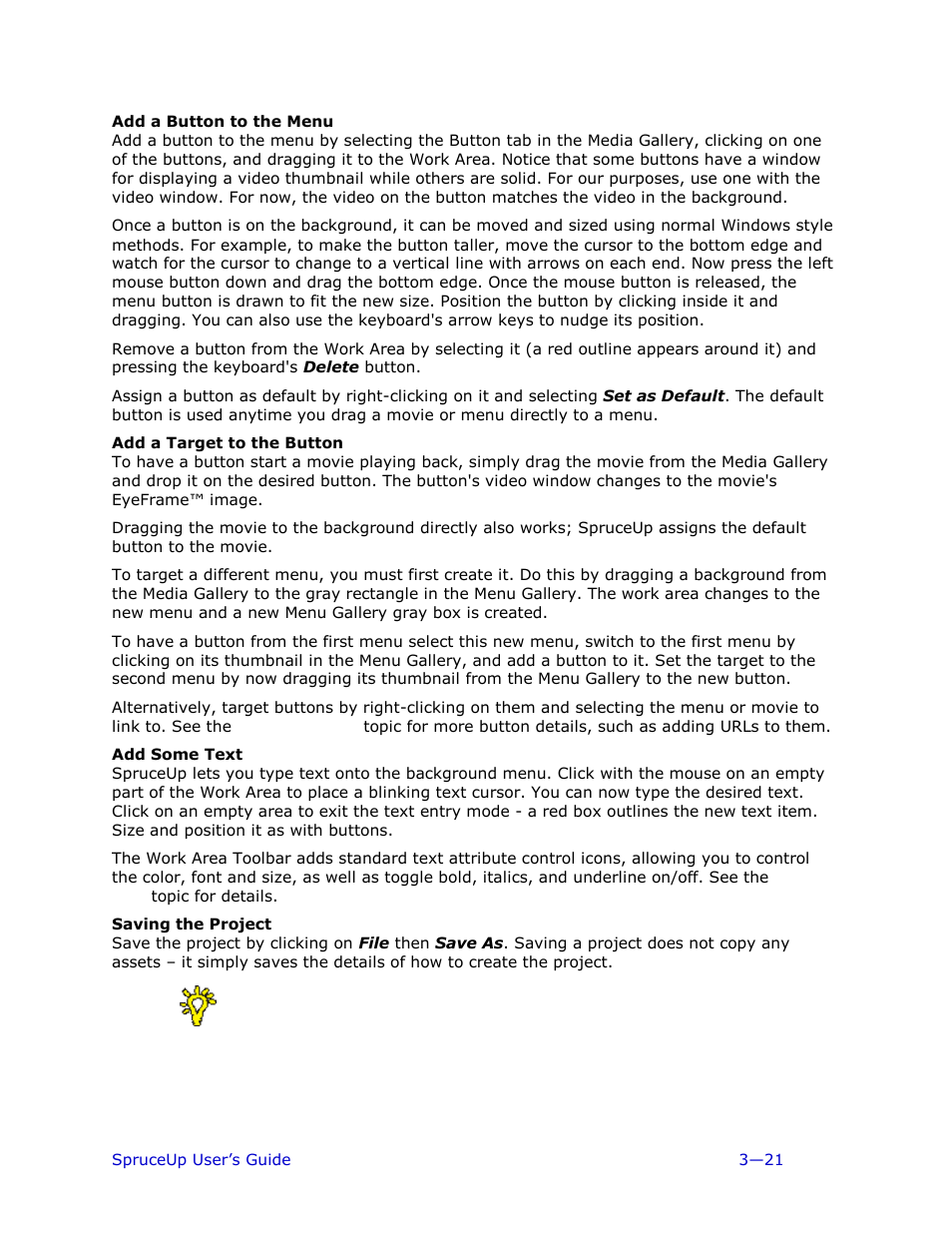Add a button to the menu, Add a target to the button, Add some text | Saving the project | Ulead 1.0 User Manual | Page 61 / 205
