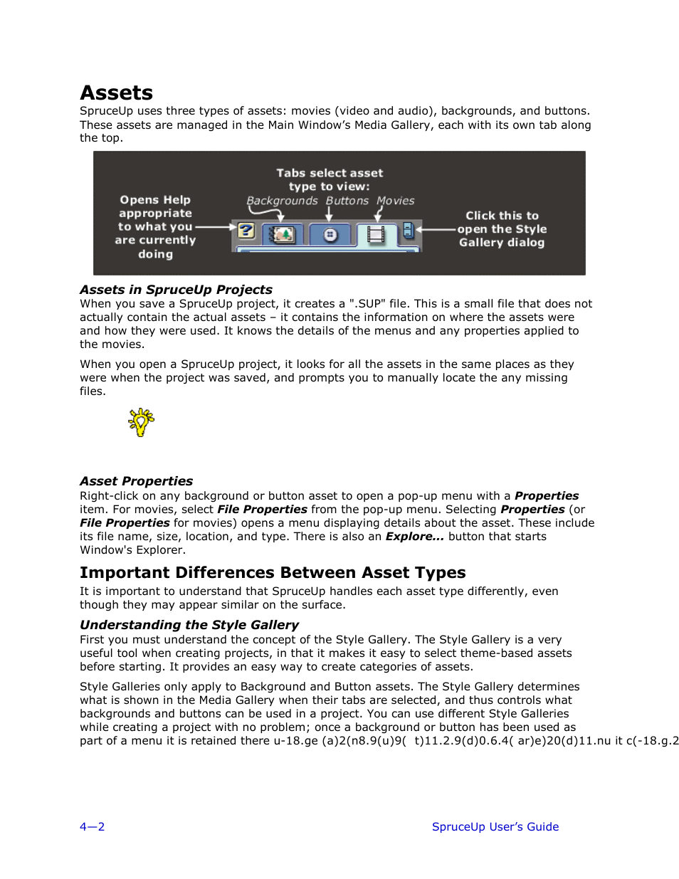 Assets, Assets in spruceup projects, Asset properties | Important differences between asset types, Understanding the style gallery | Ulead 1.0 User Manual | Page 74 / 205