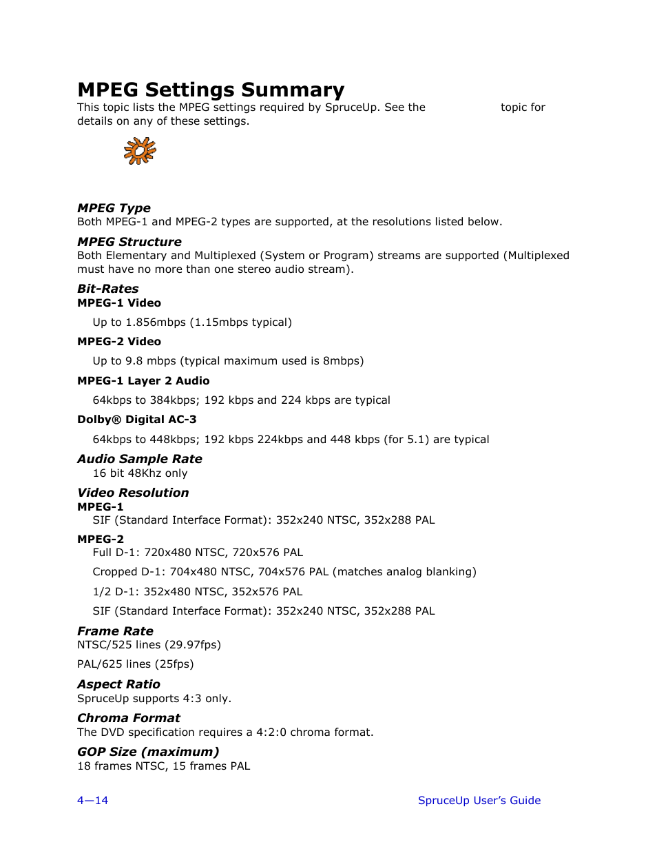 Mpeg settings summary, Mpeg type, Mpeg structure | Bit-rates, Audio sample rate, Video resolution, Mpeg-1, Mpeg-2, Frame rate, Aspect ratio | Ulead 1.0 User Manual | Page 86 / 205
