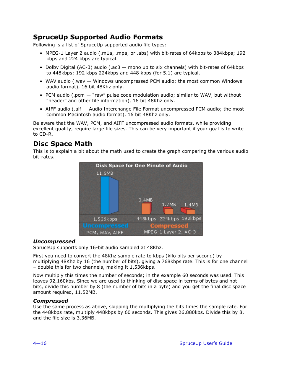 Spruceup supported audio formats, Disc space math, Uncompressed | Compressed | Ulead 1.0 User Manual | Page 88 / 205
