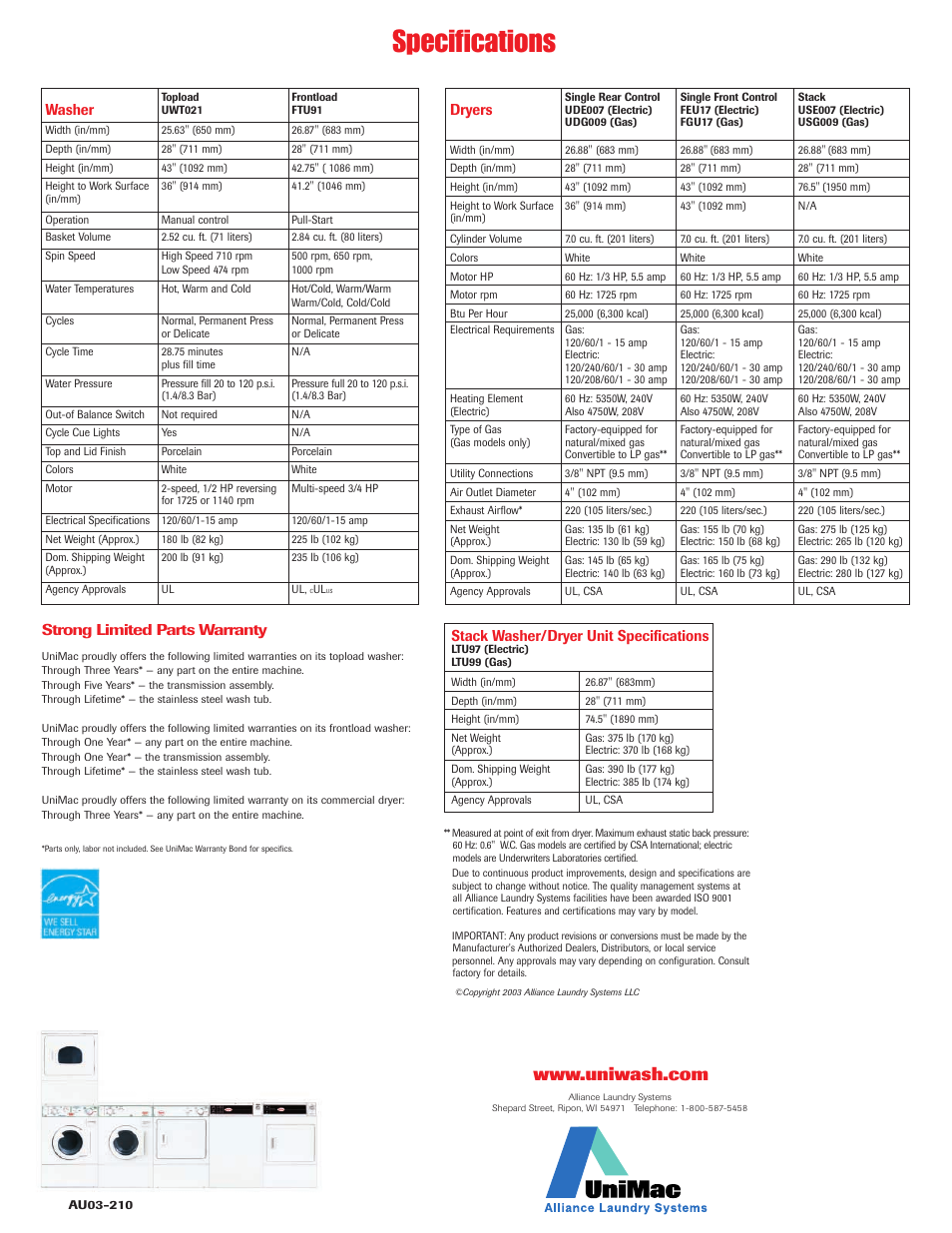 Specifications, Washer, Dryers | Stack washer/dryer unit specifications, Strong limited parts warranty | Unimac Washer User Manual | Page 4 / 4