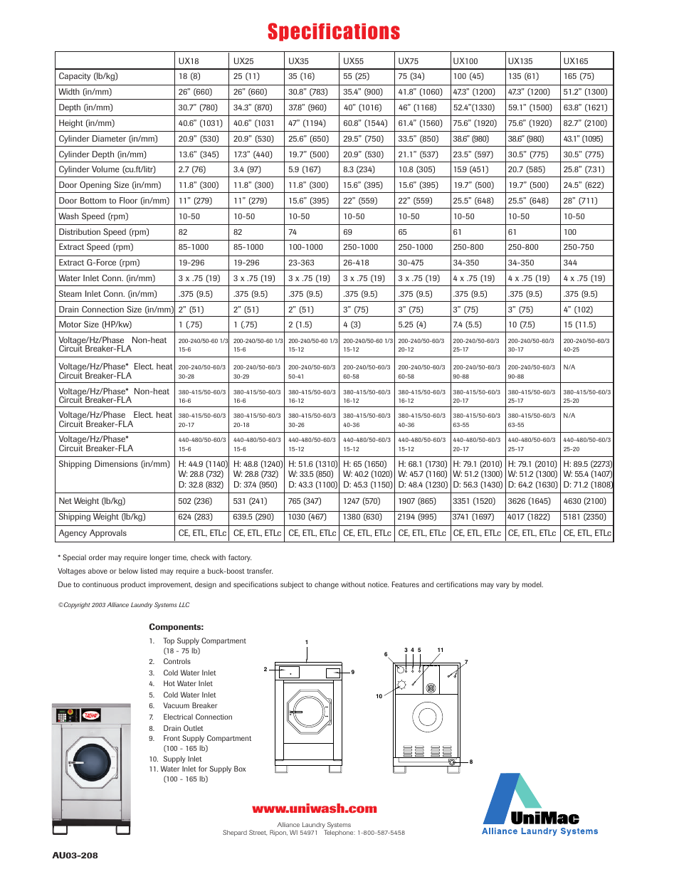 Specifications | Unimac UX55 User Manual | Page 4 / 4