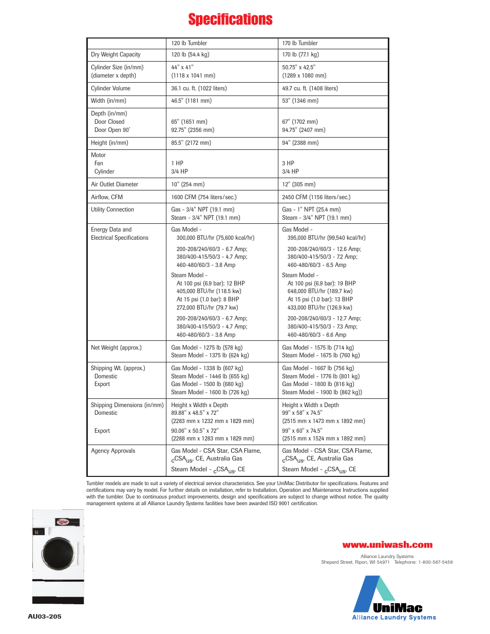 Specifications | Unimac Clothes Dryer User Manual | Page 4 / 4