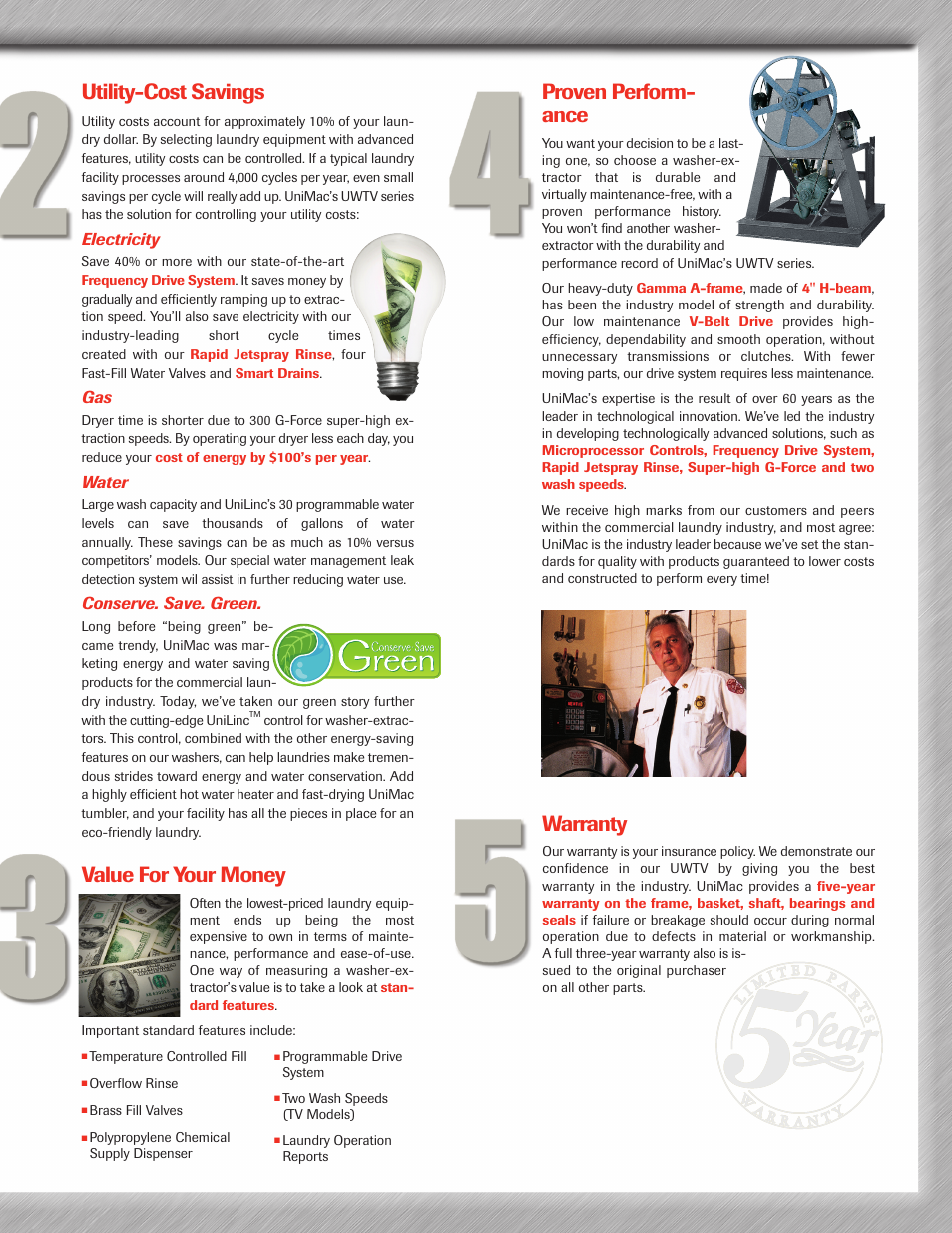 Warranty, Utility-cost savings, Value for your money | Proven perform- ance | Unimac 35 LB User Manual | Page 3 / 4