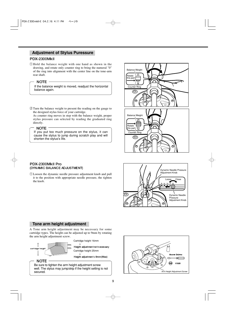 Tone arm height adjustment, Adjustment of stylus puressure | Vestax PDX-2300MkII User Manual | Page 10 / 14