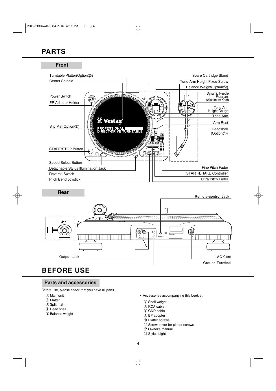 Parts, Before use, Rear front parts and accessories | Vestax PDX-2300MkII User Manual | Page 5 / 14