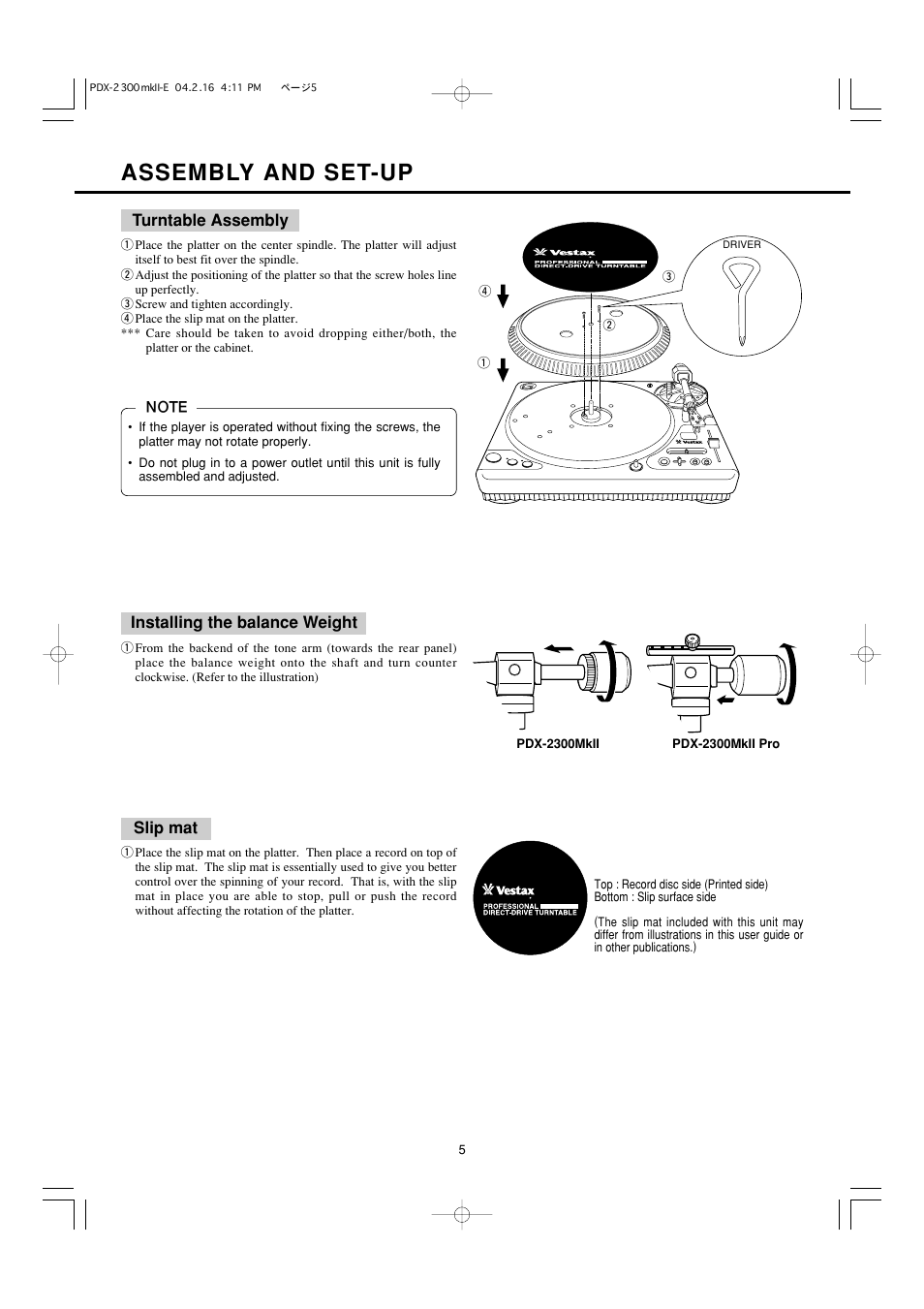 Assembly and set-up | Vestax PDX-2300MkII User Manual | Page 6 / 14