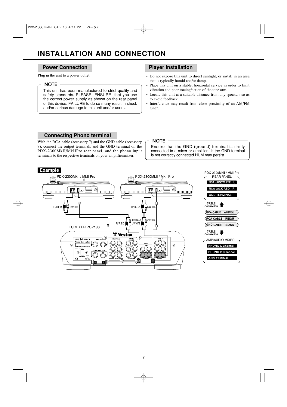 Installation and connection, Connecting phono terminal power connection, Player installation | Example | Vestax PDX-2300MkII User Manual | Page 8 / 14