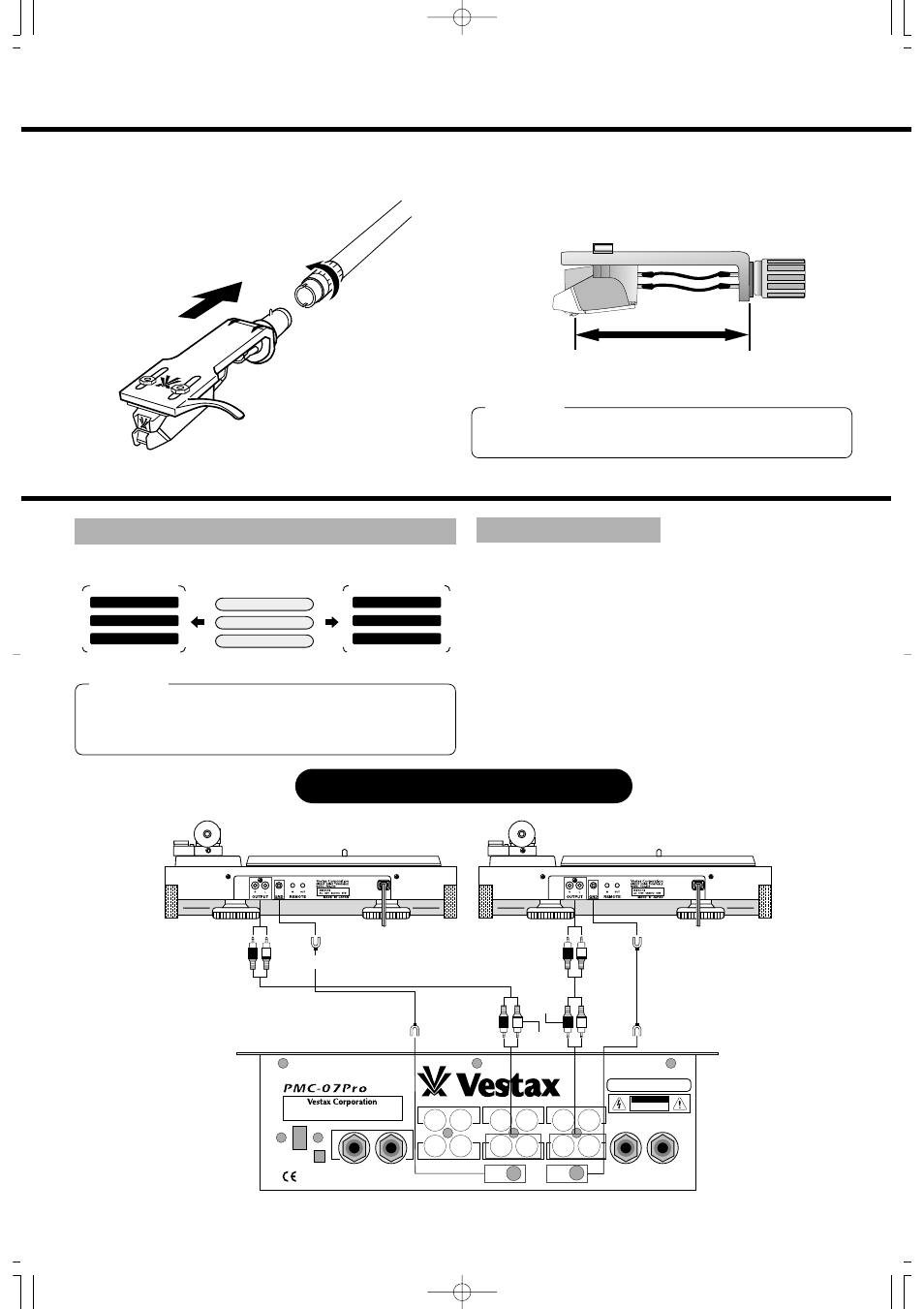 Installation and connection, 50mm, Illustration of connection | Connection of phono terminal and plug installation, N o t e, Connect the output to inputs of amplifier or mixer, Pdx-d3s dj mixer pmc-07pro pdx-d3s | Vestax PDX-d3S User Manual | Page 8 / 12