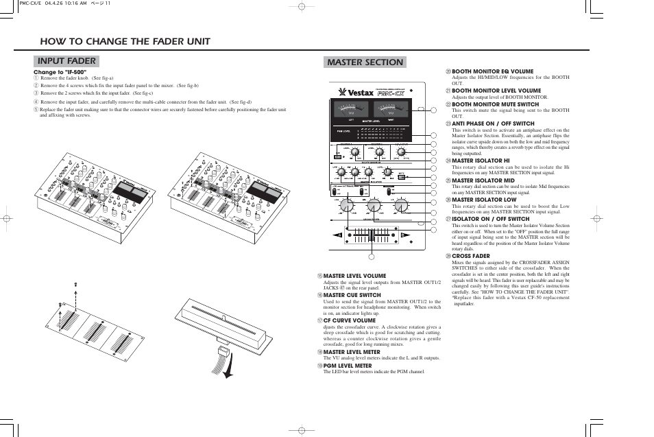 How to change the fader unit, Input fader | Vestax PMC-CX User Manual | Page 6 / 8