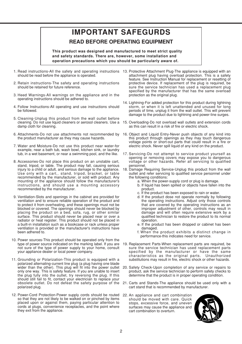 Important safegurds, Read before operating equipment | Vestax PDX-2000MkII User Manual | Page 3 / 14