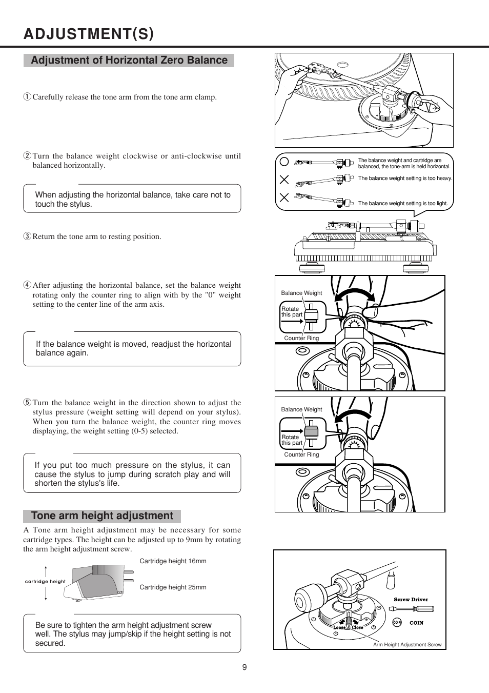 Adjustment(s), Adjustment of horizontal zero balance, Tone arm height adjustment | Vestax PDX-2300 User Manual | Page 10 / 14