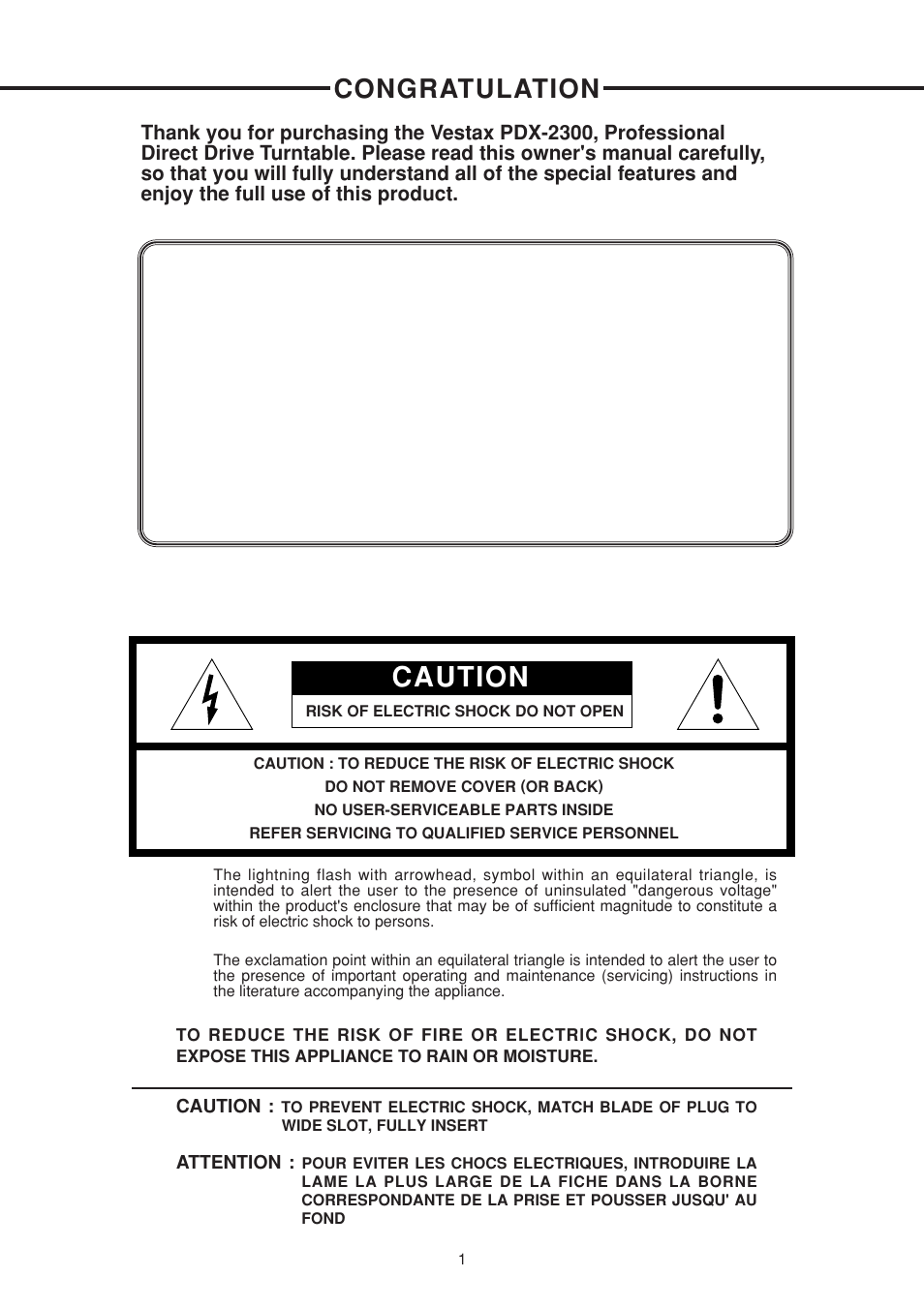 Caution | Vestax PDX-2300 User Manual | Page 2 / 14