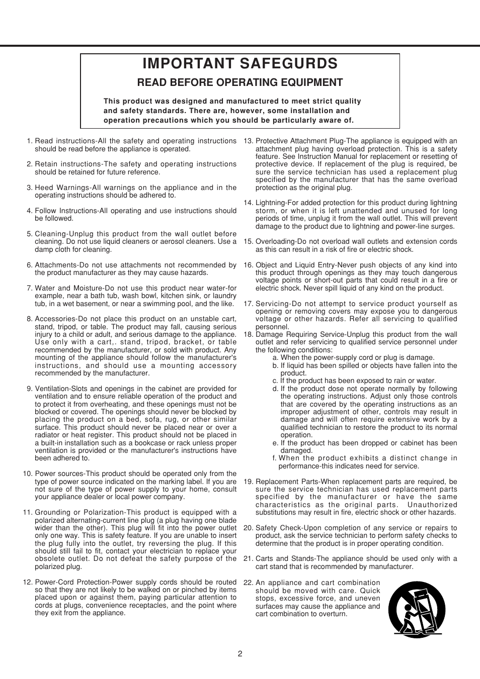 Important safegurds, Read before operating equipment | Vestax PDX-2300 User Manual | Page 3 / 14