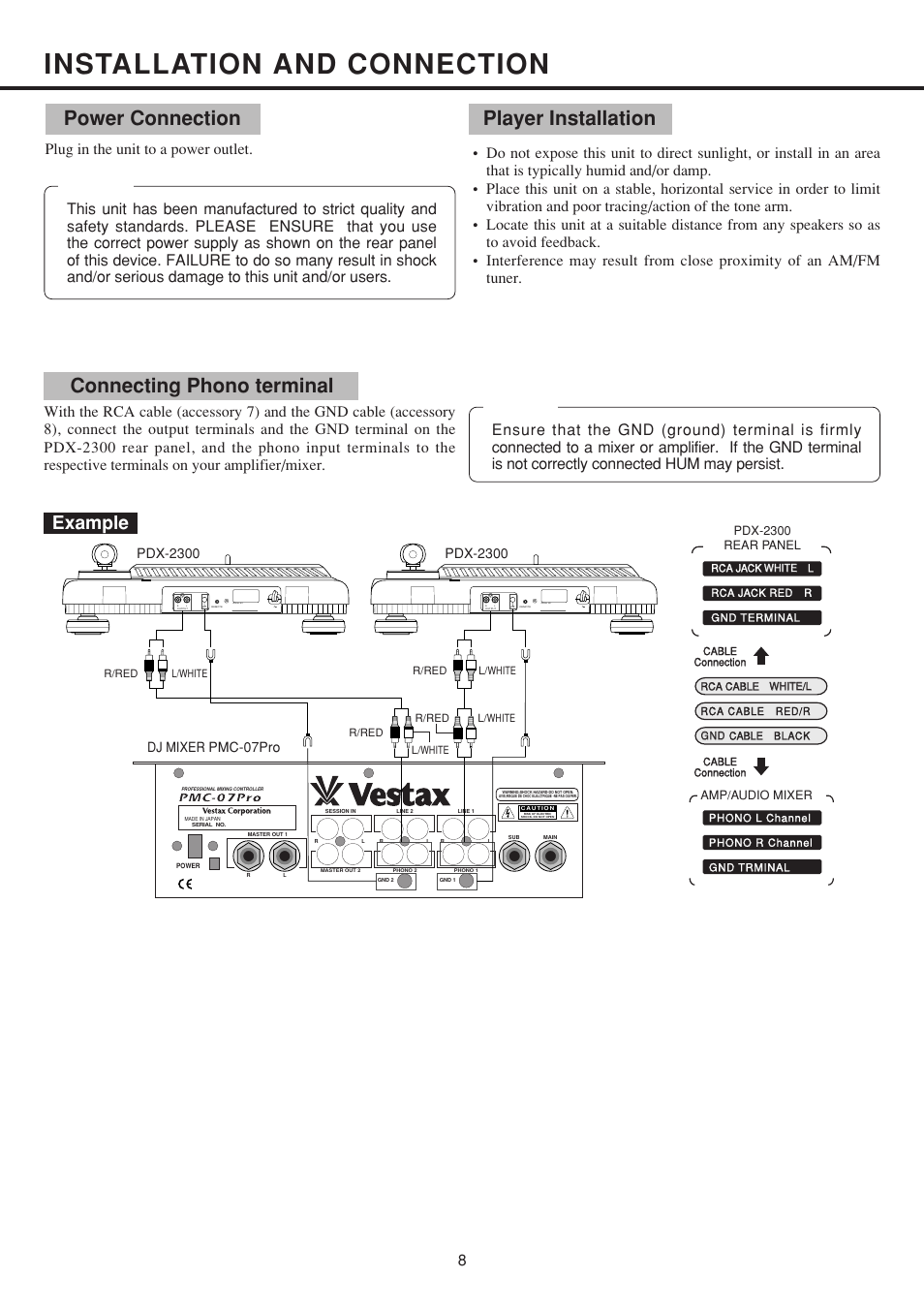 Installation and connection, Connecting phono terminal power connection, Player installation | Example, Serial no | Vestax PDX-2300 User Manual | Page 9 / 14