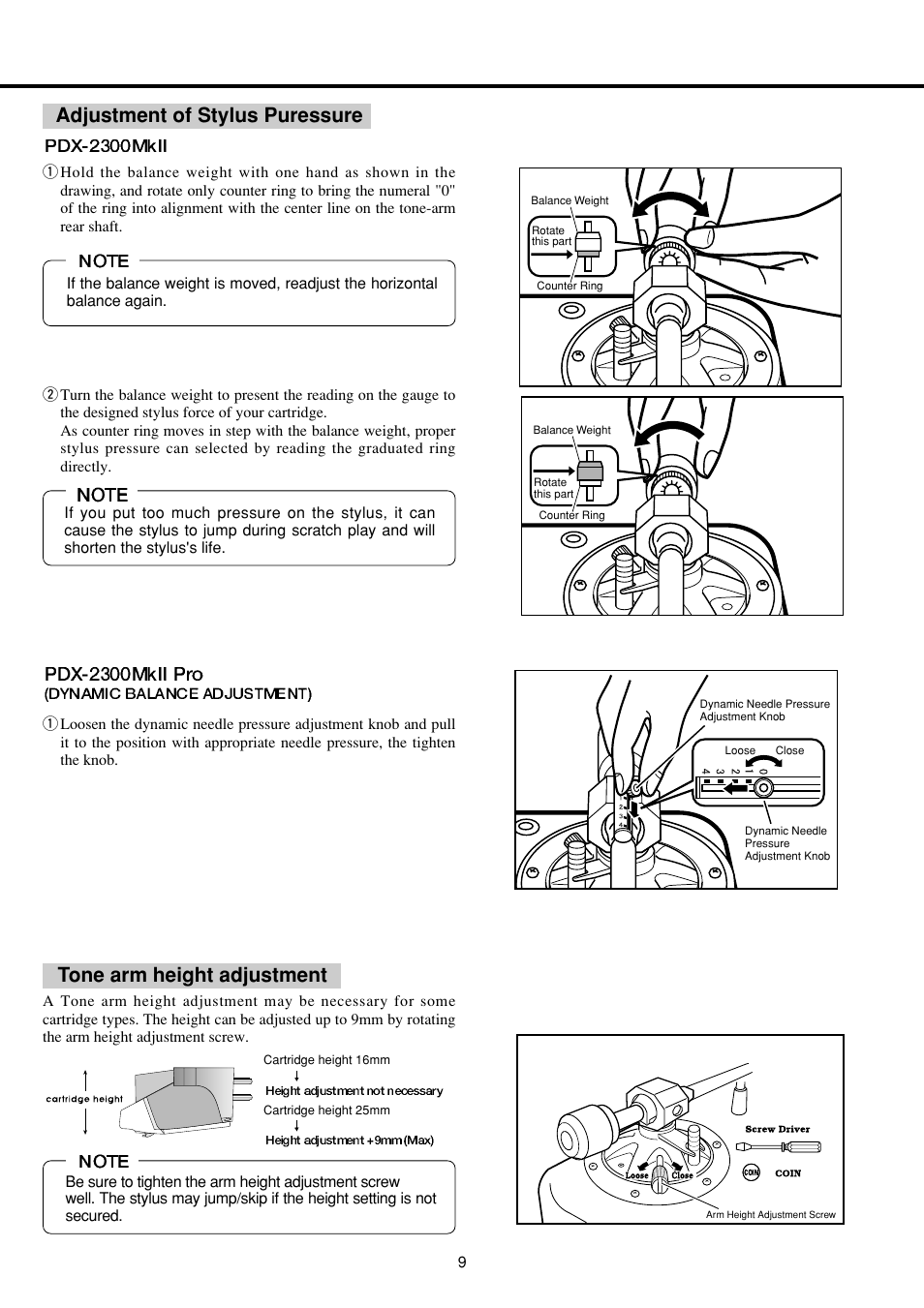 Tone arm height adjustment, Adjustment of stylus puressure | Vestax PDX-2300MkII  EN User Manual | Page 10 / 14