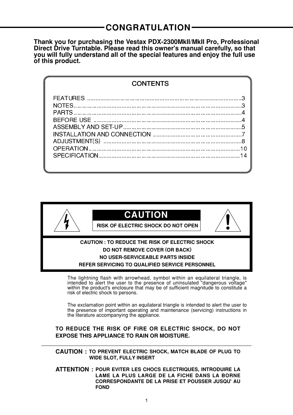 Caution | Vestax PDX-2300MkII  EN User Manual | Page 2 / 14