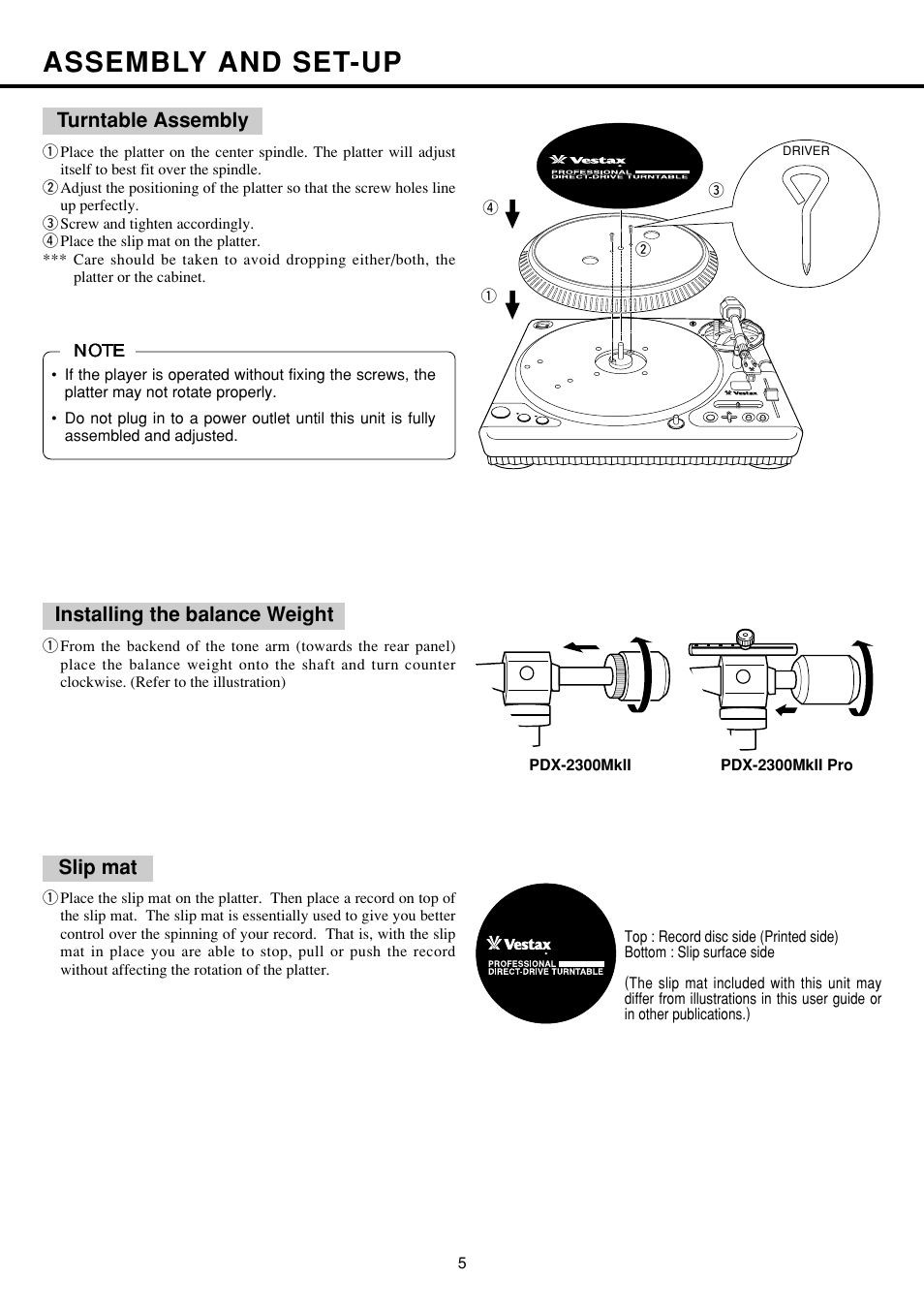 Assembly and set-up | Vestax PDX-2300MkII  EN User Manual | Page 6 / 14