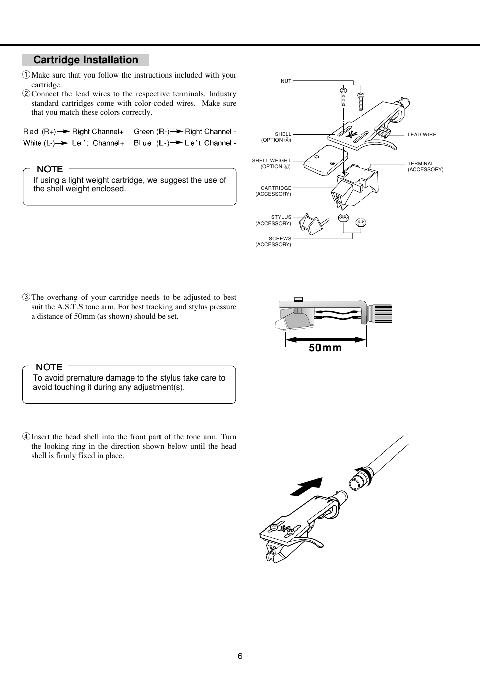 50mm, Cartridge installation | Vestax PDX-2300MkII  EN User Manual | Page 7 / 14