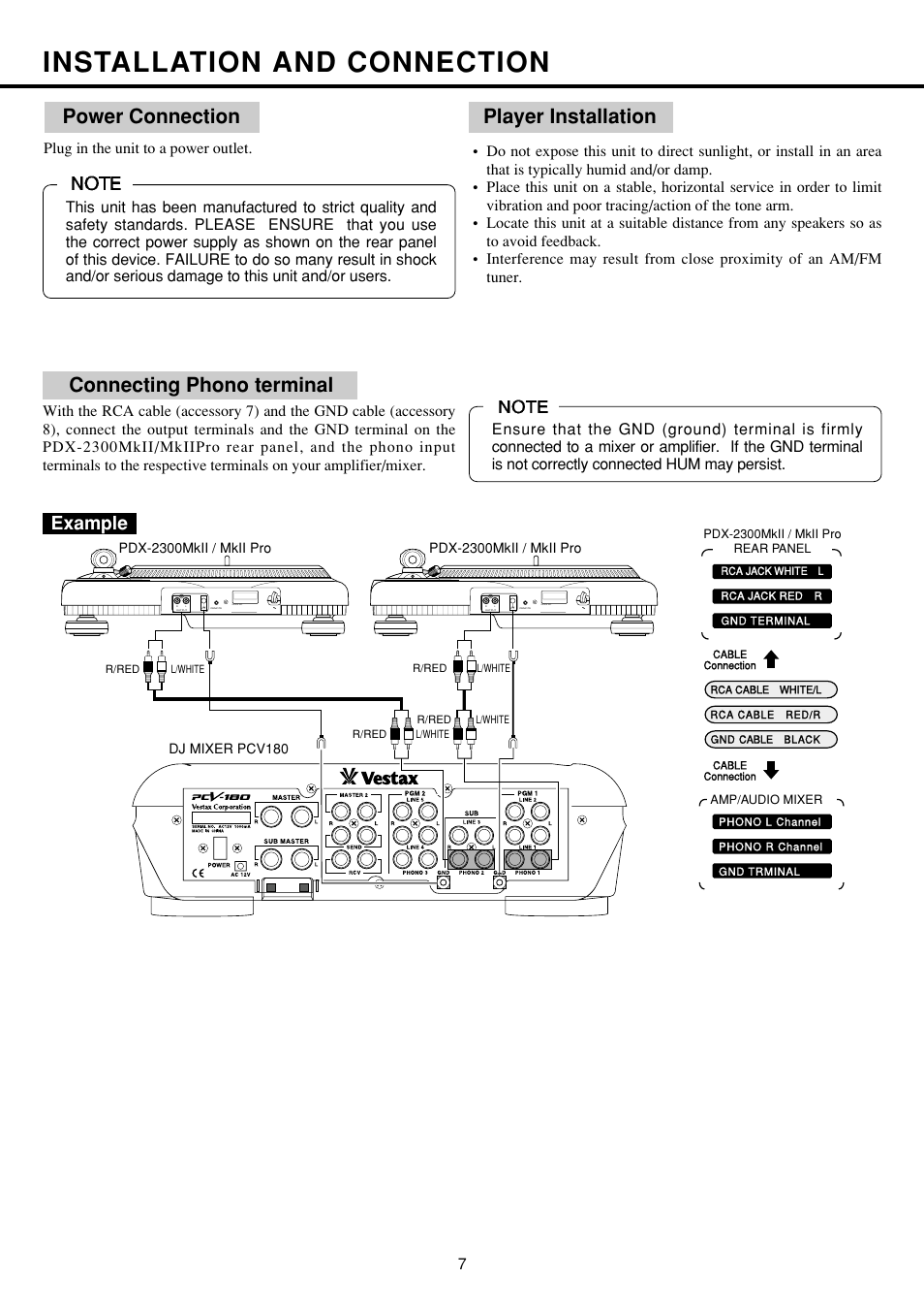 Installation and connection, Connecting phono terminal power connection, Player installation | Example | Vestax PDX-2300MkII  EN User Manual | Page 8 / 14