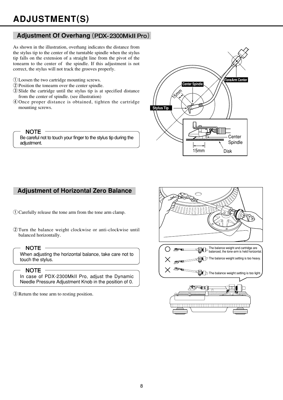 Adjustment(s), Adjustment of horizontal zero balance, Adjustment of overhang | Vestax PDX-2300MkII  EN User Manual | Page 9 / 14