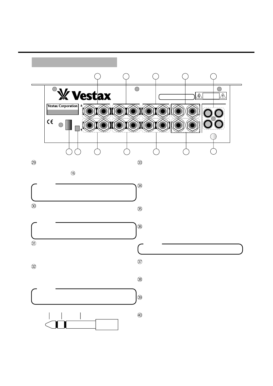 9 power switch, 0 ac power jack, 1 master out jack-front [1/4 inch trs balanced | 2 master out jack-rear [1/4 inch trs balanced, 5 session in jack-front [1/4 inch phone jack, 6 session in jack-rear [ 1/4 inch phone jack, 7 aux send jack [1/4 inch phone jack, 8 aux return jack [1/4 inch phone jack, 9 phono input jack [ rca jack, 0 ground(gnd) terminal | Vestax PMC-07ProISP User Manual | Page 8 / 17